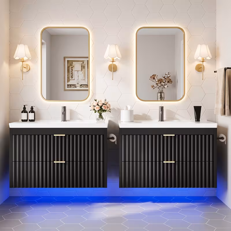 Shoppy 24" Floating Bathroom Vanity with Sink – Wall-Mounted Cabinet with LED, 3-Hole Ceramic Sink & Soft-Close Drawers for Small Spaces Shoppy floating bathroom vanity with sink and LED