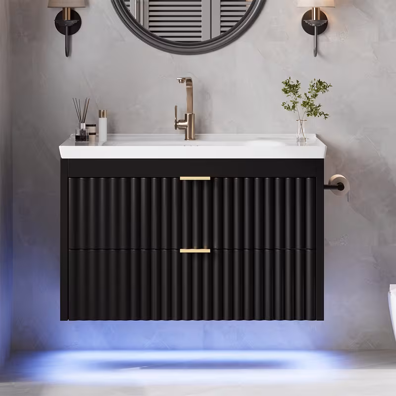 Shoppy 24" Floating Bathroom Vanity with Sink – Wall-Mounted Cabinet with LED, 3-Hole Ceramic Sink & Soft-Close Drawers for Small Spaces Shoppy floating bathroom vanity with sink and LED