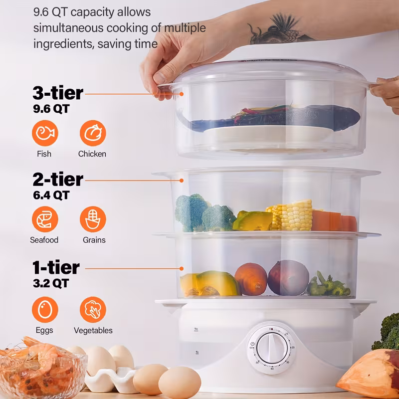 Shoppy 3-Tier Electric Food Steamer – 800W Fast Cooking, 9.6QT Large Capacity, 60-Min Timer & Boil-Dry Protection for Family Meals Shoppy electric food steamer 3 tier