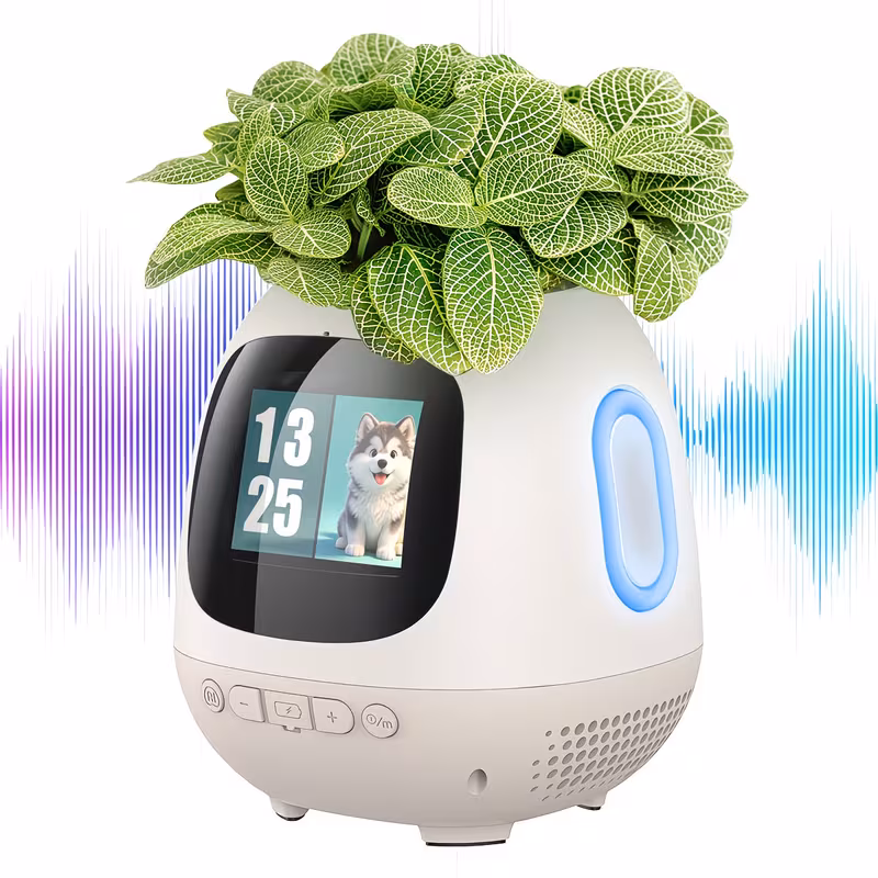 Shoppy AI Sentient Smart Planter – Interactive Plant Pot with Music, Pet Robot, Temperature/Humidity/Light Monitoring, Indoor Flowerpot Shoppy AI smart planter interactive plant pot with sensors