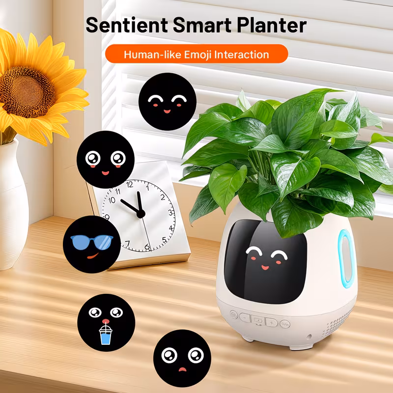 Shoppy AI Sentient Smart Planter – Interactive Plant Pot with Music, Pet Robot, Temperature/Humidity/Light Monitoring, Indoor Flowerpot Shoppy AI smart planter interactive plant pot with sensors