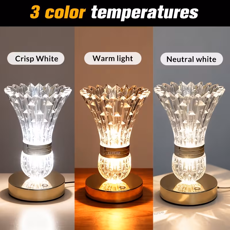 Shoppy Modern Crystal Vase Table Lamp – 3-Color Adjustable LED Bedside Light, Luxurious Feather Ball Night Light, Touch Control, USB Rechargeable Shoppy crystal vase table lamp 3 color touch control