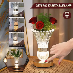 Shoppy Modern Crystal Vase Table Lamp – 3-Color Adjustable LED Bedside Light, Luxurious Feather Ball Night Light, Touch Control, USB Rechargeable Shoppy crystal vase table lamp 3 color touch control