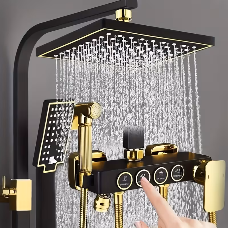 Shoppy Deluxe Brass Shower System – 8" Rain Shower & Handheld, 4-Function Wall Mount Set with Hot/Cold Mixer Shoppy brass shower system with rain and handheld