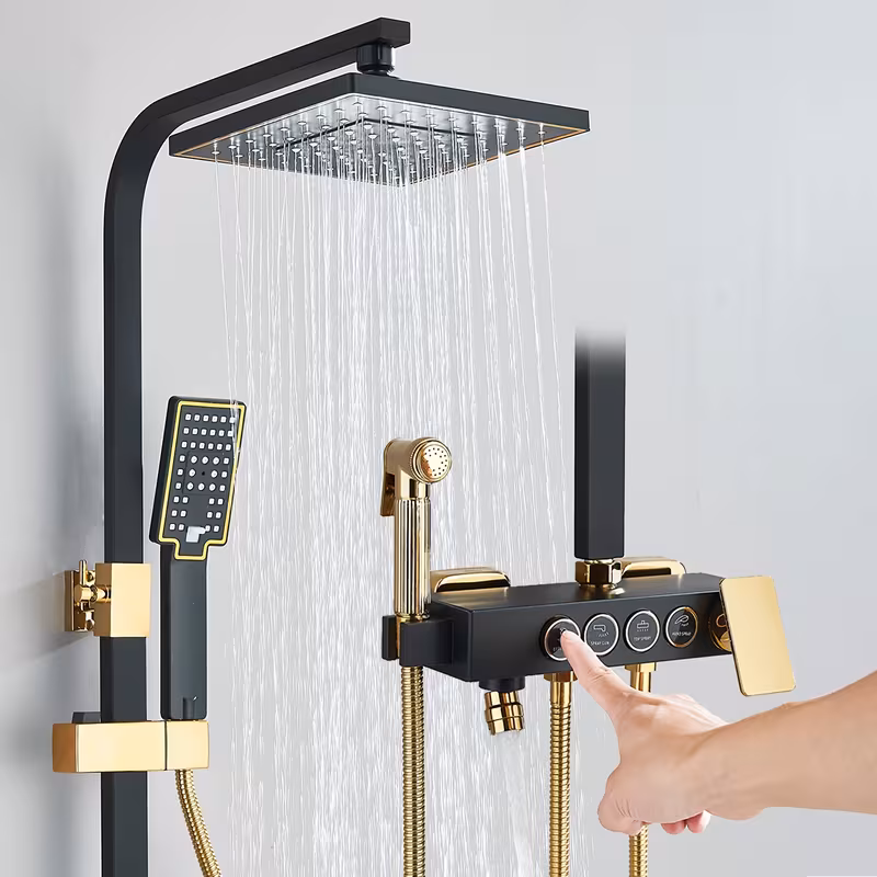 Shoppy Deluxe Brass Shower System – 8" Rain Shower & Handheld, 4-Function Wall Mount Set with Hot/Cold Mixer Shoppy brass shower system with rain and handheld