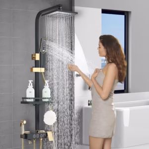Shoppy Deluxe Brass Shower System – 8" Rain Shower & Handheld, 4-Function Wall Mount Set with Hot/Cold Mixer Shoppy brass shower system with rain and handheld