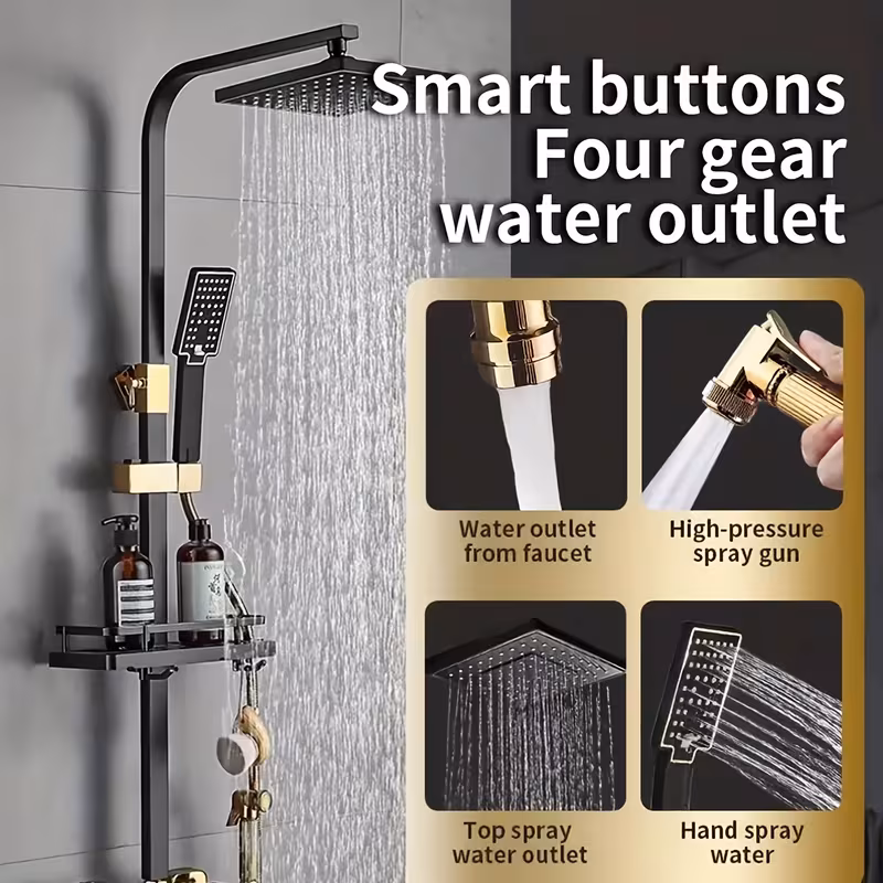 Shoppy Deluxe Brass Shower System – 8" Rain Shower & Handheld, 4-Function Wall Mount Set with Hot/Cold Mixer Shoppy brass shower system with rain and handheld