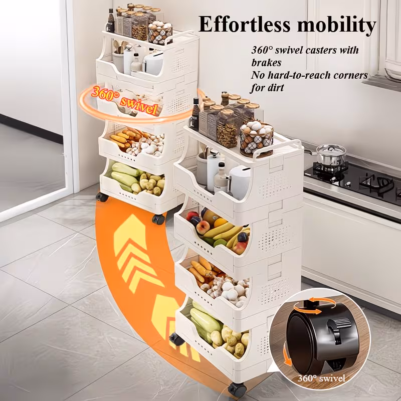 Shoppy Foldable Rolling Storage Cart – 5-Tier Plastic Shelf with Wheels, Space-Saving Organizer for Kitchen, Laundry & Living Room Shoppy foldable rolling storage cart 5 tier