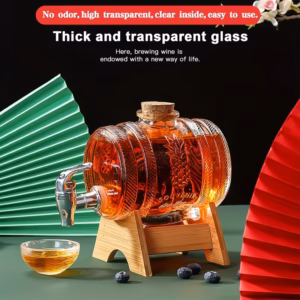 Shoppy glass barrel dispenser with tap and wooden stand