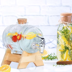 Shoppy glass barrel dispenser with tap and wooden stand