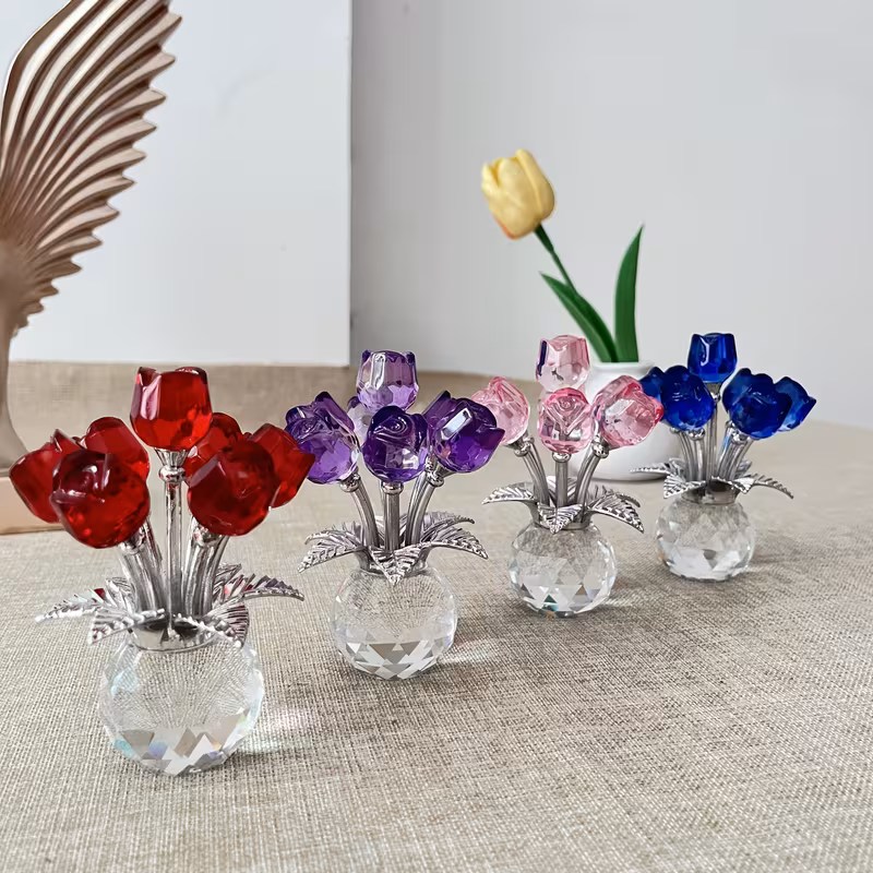 Shoppy Exquisite Glass Rose Sculpture – Elegant Red & Pink Floral Decor with Sparkling Leaves for Bedroom, Living Room, Prayer Space Shoppy exquisite glass rose sculpture crystal flower decor