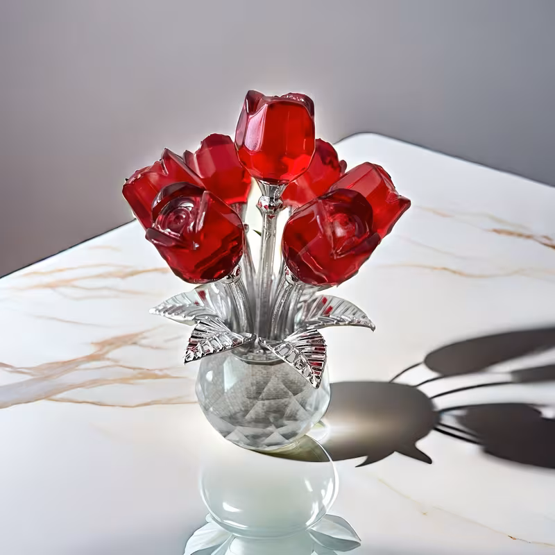 Shoppy Exquisite Glass Rose Sculpture – Elegant Red & Pink Floral Decor with Sparkling Leaves for Bedroom, Living Room, Prayer Space Shoppy exquisite glass rose sculpture crystal flower decor