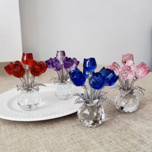 Shoppy Exquisite Glass Rose Sculpture – Elegant Red & Pink Floral Decor with Sparkling Leaves for Bedroom, Living Room, Prayer Space Shoppy exquisite glass rose sculpture crystal flower decor