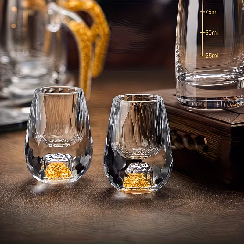 Shoppy 6-Piece Glass Shot Cups with Golden Leaf Detailing – 15ml/0.5oz Elegant Mezcal/Tequila Cups, Machine Washable, Father's Day Gift Shoppy glass shot cups with golden leaf detailing
