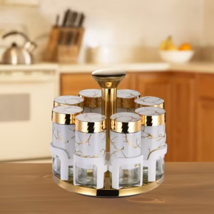 Shoppy glass spice jar set with rotating dispensers