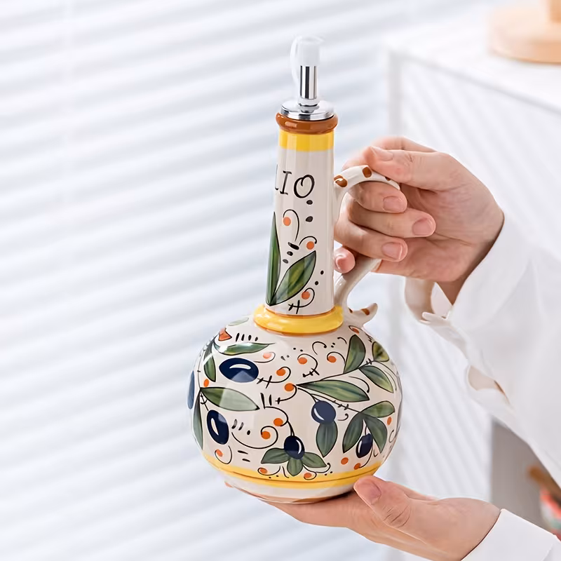 Shoppy Hand-Painted Ceramic Oil Bottle with Floral Design – Leak-Proof, Durable, Stylish Kitchen Decor for Olive Oil, Vinegar & Condiments Shoppy hand-painted ceramic oil bottle