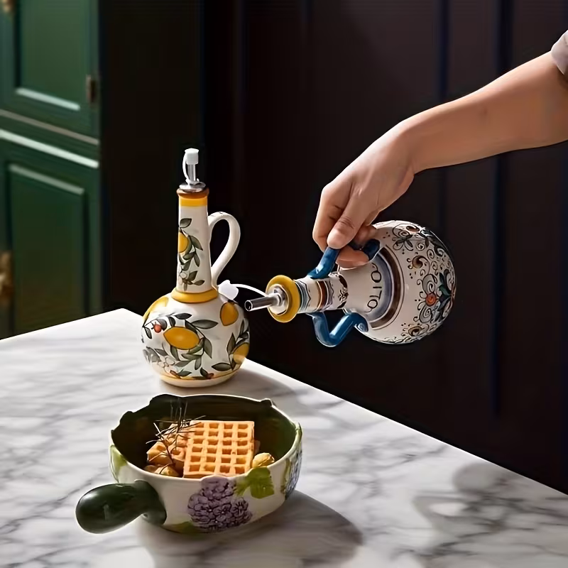 Shoppy Hand-Painted Ceramic Oil Bottle with Floral Design – Leak-Proof, Durable, Stylish Kitchen Decor for Olive Oil, Vinegar & Condiments Shoppy hand-painted ceramic oil bottle