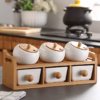Shoppy 6-Piece Japanese Ceramic Seasoning Jar Set – Rust-Proof, with Lids, Spoons & Double-Layer Wooden Frame, Ideal for Home & Restaurant Shoppy japanese ceramic seasoning jar set with wooden frame