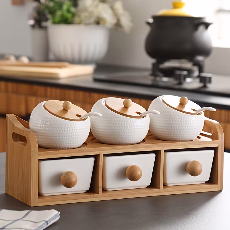 Shoppy 6-Piece Japanese Ceramic Seasoning Jar Set – Rust-Proof, with Lids, Spoons & Double-Layer Wooden Frame, Ideal for Home & Restaurant Shoppy japanese ceramic seasoning jar set with wooden frame
