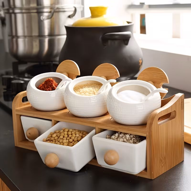 Shoppy 6-Piece Japanese Ceramic Seasoning Jar Set – Rust-Proof, with Lids, Spoons & Double-Layer Wooden Frame, Ideal for Home & Restaurant Shoppy japanese ceramic seasoning jar set with wooden frame