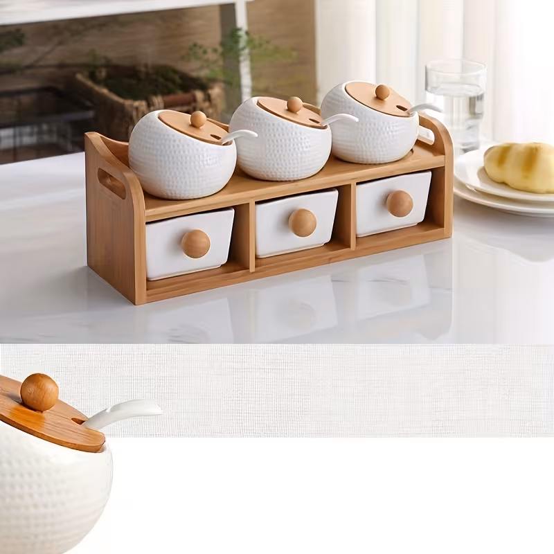 Shoppy 6-Piece Japanese Ceramic Seasoning Jar Set – Rust-Proof, with Lids, Spoons & Double-Layer Wooden Frame, Ideal for Home & Restaurant Shoppy japanese ceramic seasoning jar set with wooden frame