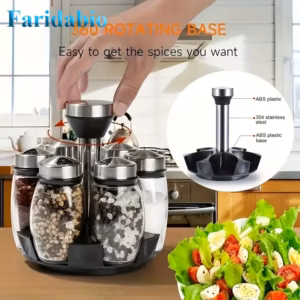 Shoppy 7pcs Swivel Base Spice Shaker Set – 360° Rotating Rack with 6 Glass Bottles for Salt, Pepper & Sugar Shoppy swivel base spice shaker set 7 pieces