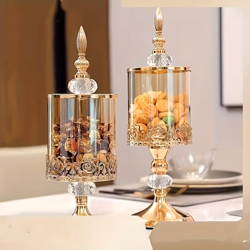Shoppy 2-Piece Vintage Glass Candy Dish with Lid – Elegant Golden Crystal Jar, Decorative Cookie Canister & Jewelry Trinket Box for Wedding Centerpiece & Home Decor Shoppy vintage glass candy dish with lid golden crystal jar