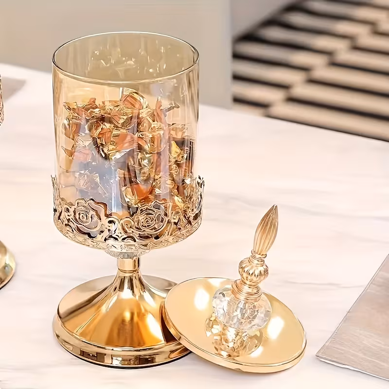 Shoppy 2-Piece Vintage Glass Candy Dish with Lid – Elegant Golden Crystal Jar, Decorative Cookie Canister & Jewelry Trinket Box for Wedding Centerpiece & Home Decor Shoppy vintage glass candy dish with lid golden crystal jar