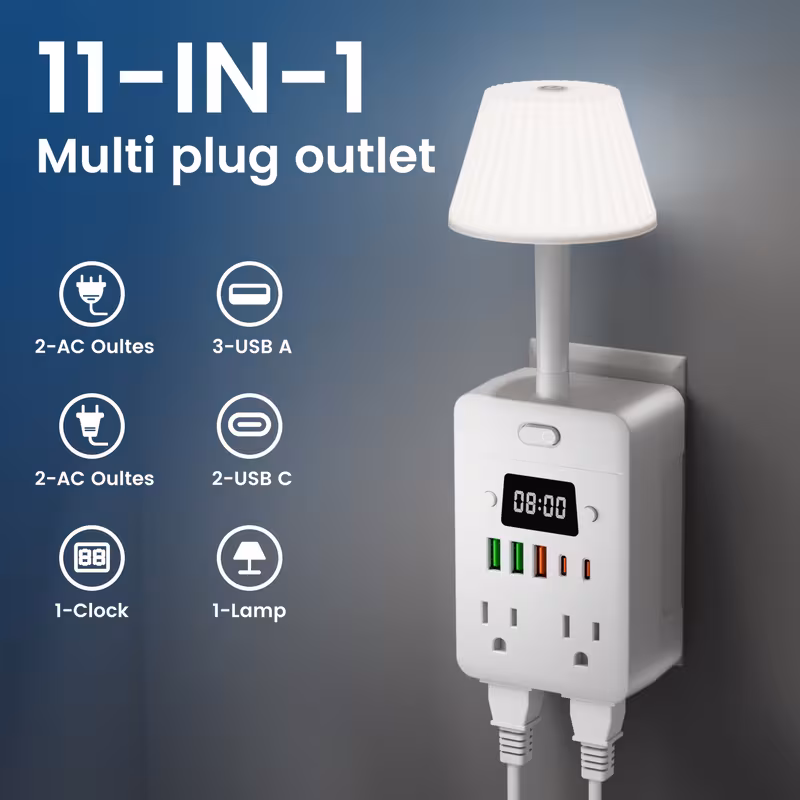 Shoppy 11-in-1 Multifunctional Power Strip – 4 Outlets, 3 USB-A, 2 USB-C, Desk Lamp & Digital Clock, Overload Protection Shoppy multifunctional power strip with USB and lamp