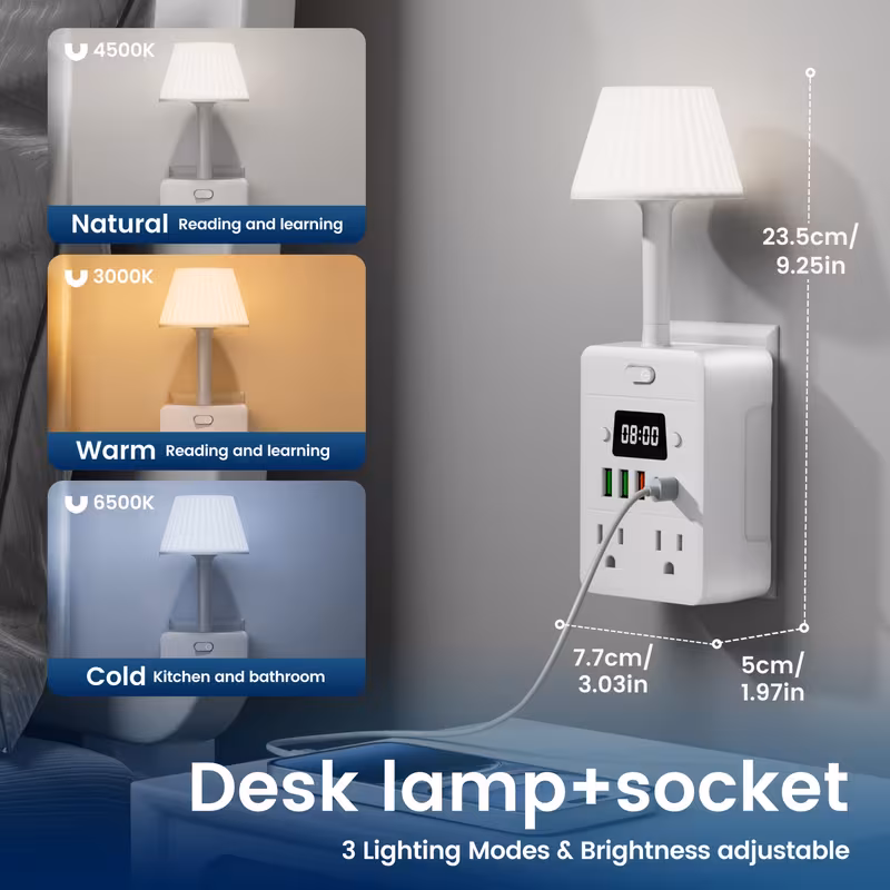 Shoppy 11-in-1 Multifunctional Power Strip – 4 Outlets, 3 USB-A, 2 USB-C, Desk Lamp & Digital Clock, Overload Protection Shoppy multifunctional power strip with USB and lamp