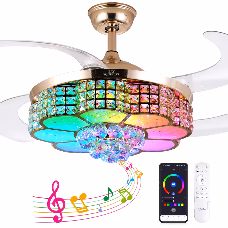 Shoppy 42-Inch Crystal RGB Ceiling Fan with Light & Speakers – Flush Mount Chandelier, 6 Speeds, App & Remote Control Shoppy crystal RGB ceiling fan with speakers