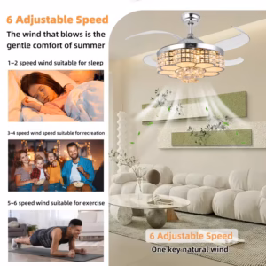Shoppy 42-Inch Crystal RGB Ceiling Fan with Light & Speakers – Flush Mount Chandelier, 6 Speeds, App & Remote Control Shoppy crystal RGB ceiling fan with speakers