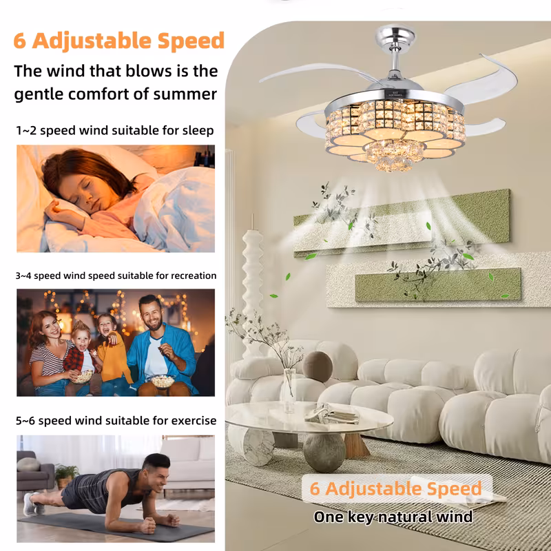 Shoppy 42-Inch Crystal RGB Ceiling Fan with Light & Speakers – Flush Mount Chandelier, 6 Speeds, App & Remote Control Shoppy crystal RGB ceiling fan with speakers