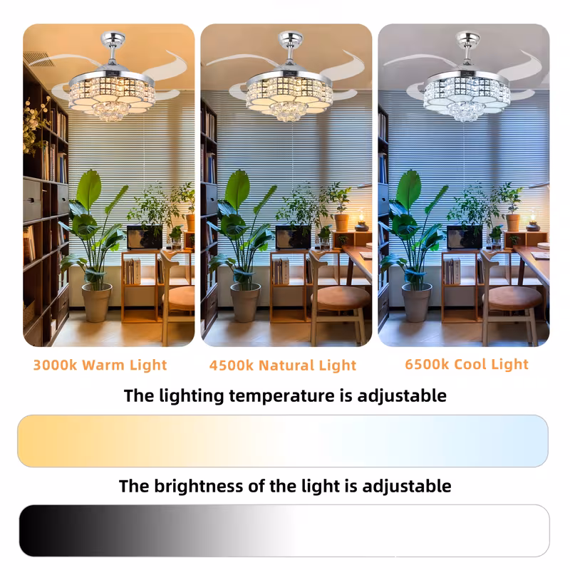 Shoppy 42-Inch Crystal RGB Ceiling Fan with Light & Speakers – Flush Mount Chandelier, 6 Speeds, App & Remote Control Shoppy crystal RGB ceiling fan with speakers