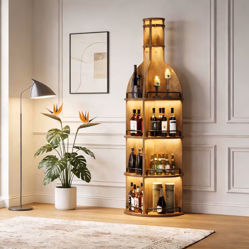 Shoppy 75" Industrial Round Wine Cabinet – Freestanding Bar Display with Hanging Goblet Holder & Storage Shelves Shoppy industrial round wine cabinet with goblet holder