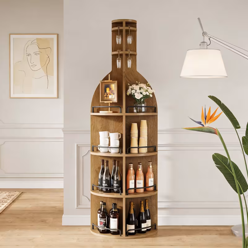 Shoppy 75" Industrial Round Wine Cabinet – Freestanding Bar Display with Hanging Goblet Holder & Storage Shelves Shoppy industrial round wine cabinet with goblet holder
