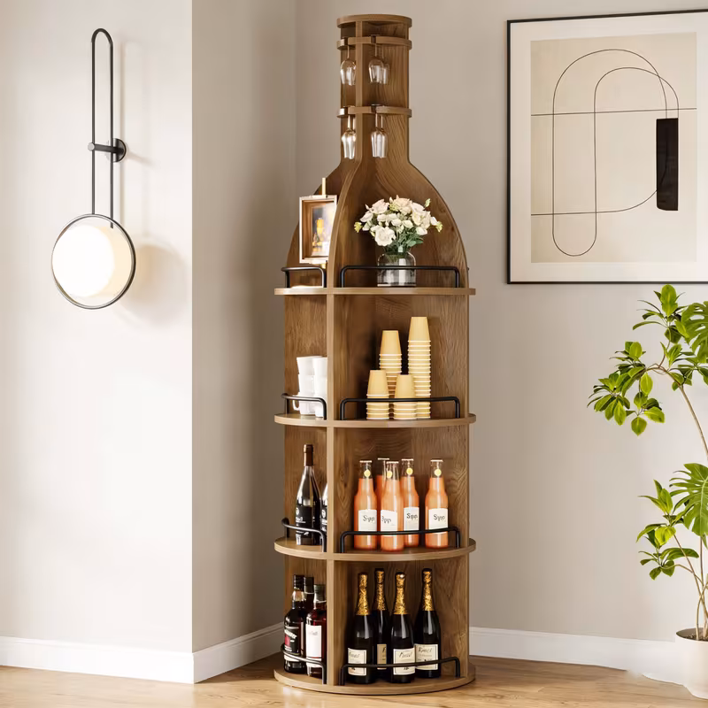 Shoppy 75" Industrial Round Wine Cabinet – Freestanding Bar Display with Hanging Goblet Holder & Storage Shelves Shoppy industrial round wine cabinet with goblet holder