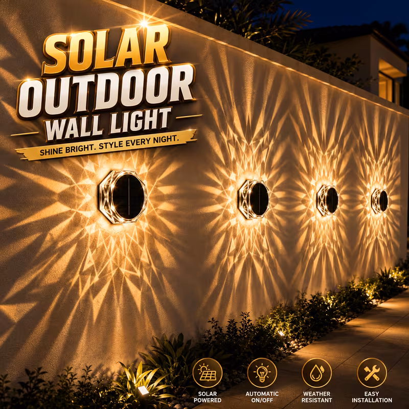 Shoppy 4-Pack Solar Outdoor Wall Lights – Waterproof Fence Lights with Diamond-Cut Projection, Auto Dusk-to-Dawn Sensor for Garden & Pathway Shoppy solar outdoor wall lights waterproof 4 pack