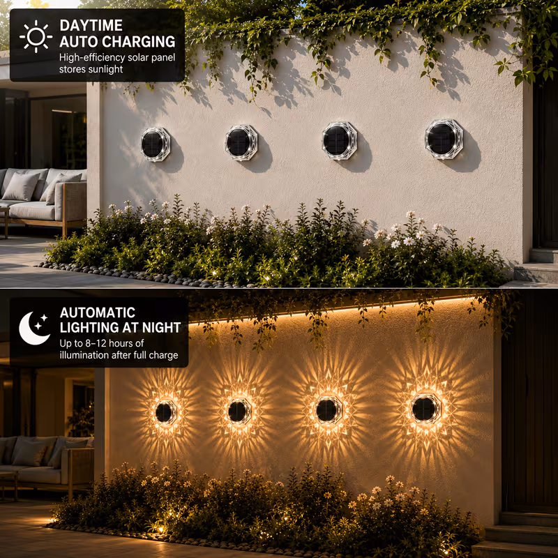 Shoppy 4-Pack Solar Outdoor Wall Lights – Waterproof Fence Lights with Diamond-Cut Projection, Auto Dusk-to-Dawn Sensor for Garden & Pathway Shoppy solar outdoor wall lights waterproof 4 pack