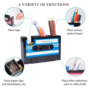 Shoppy Vintage Cassette Tape Dispenser with Pen Holder – Retro Office Organizer, Tape Dispenser & Stationery Holder Shoppy vintage cassette tape dispenser pen holder