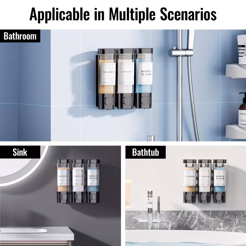 Shoppy Wall Mounted Triple Soap Dispenser – No-Drill Shampoo & Conditioner Dispenser, 3 x 10.14oz ABS for Bathroom & Kitchen Shoppy wall mounted triple soap dispenser no drill
