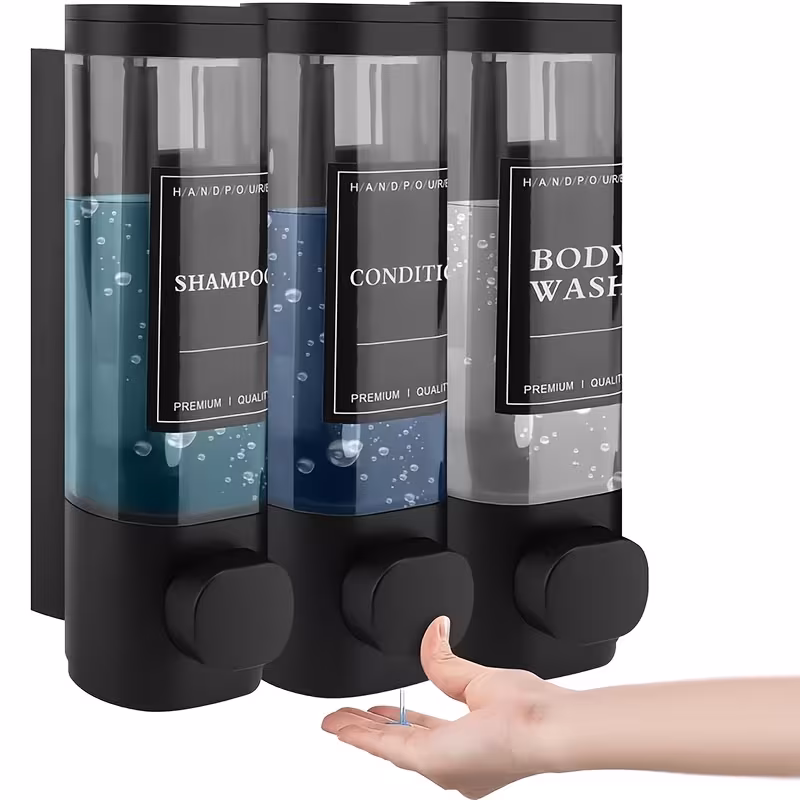 Shoppy Wall Mounted Triple Soap Dispenser – No-Drill Shampoo & Conditioner Dispenser, 3 x 10.14oz ABS for Bathroom & Kitchen Shoppy wall mounted triple soap dispenser no drill